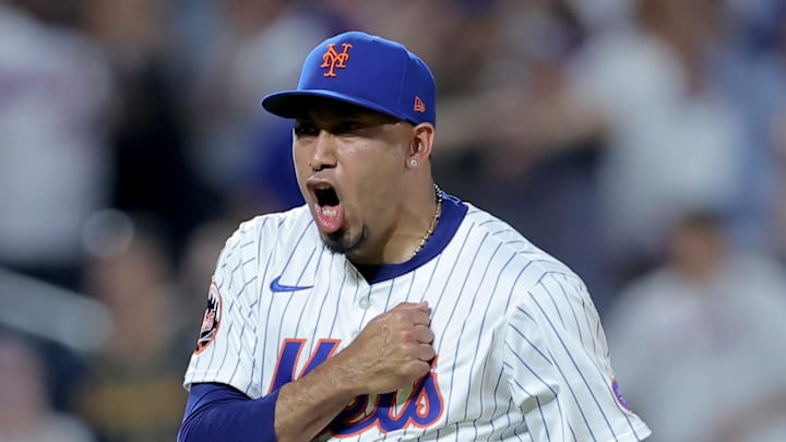 Jul 3, 2025; New York City, New York, USA; New York Mets relief pitcher Edwin Diaz (39) celebrates after defeating the Milwaukee Brewers at Citi Field. Mandatory Credit: Brad Penner-Imagn Images