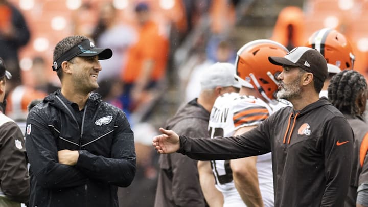 Aug 21, 2022; Cleveland, Ohio, USA; Philadelphia Eagles head coach Nick Sirianni talks with