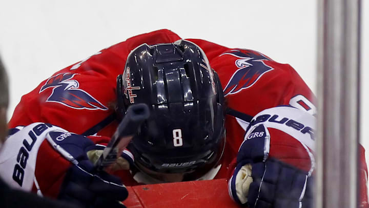 May 9, 2012; Washington, DC, USA; Washington Capitals left wing Alex Ovechkin (8) leans against the boards. Game six in the Eastern Conference semifinals of the 2012 Mandatory Credit: Geoff Burke-Imagn Images