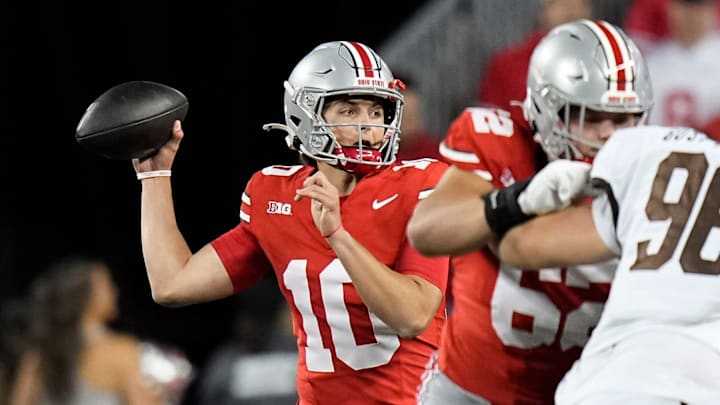 Sep 7, 2024; Columbus, Ohio, USA; Ohio State Buckeyes quarterback Julian Sayin (10) throws a pass during the second half of the NCAA football game against the Western Michigan Broncos at Ohio Stadium.