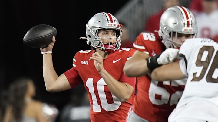Sep 7, 2024; Columbus, Ohio, USA; Ohio State Buckeyes quarterback Julian Sayin (10) throws a pass during the second half of the NCAA football game against the Western Michigan Broncos at Ohio Stadium.