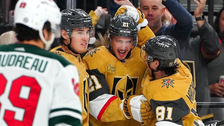 Apr 1, 2023; Las Vegas, Nevada, USA; Vegas Golden Knights center Brett Howden (21) celebrates with