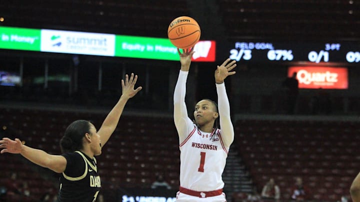 Wisconsin's Destiny Howell takes a shot during the first quarter of the season opener versus Oakland Wednesday Nov. 5, 2025 at the Kohl Center in Madison, Wis. Wisconsin's Destiny Howell takes a shot during the first quarter of the season opener versus Oakland Wednesday Nov. 5, 2025 at the Kohl Center in Madison, Wis.