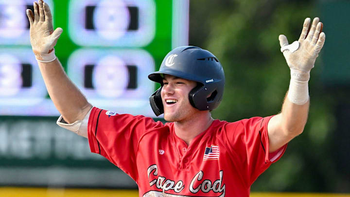 COTUIT 06/21/24 Max Belyeu of Cotuit celebrates a after arriving at second a double against Hyannis. Cape League baseball COTUIT 06/21/24 Max Belyeu of Cotuit celebrates a after arriving at second a double against Hyannis. Cape League baseball