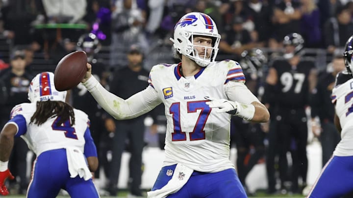 Sep 29, 2024; Baltimore, Maryland, USA; Buffalo Bills quarterback Josh Allen (17) passes the ball against the Baltimore Ravens at M&T Bank Stadium. Mandatory Credit: Geoff Burke-Imagn Images Sep 29, 2024; Baltimore, Maryland, USA; Buffalo Bills quarterback Josh Allen (17) passes the ball against the Baltimore Ravens at M&T Bank Stadium. Mandatory Credit: Geoff Burke-Imagn Images