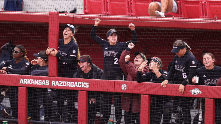 Mississippi State softball celebrates during its weekend series against Arkansas.