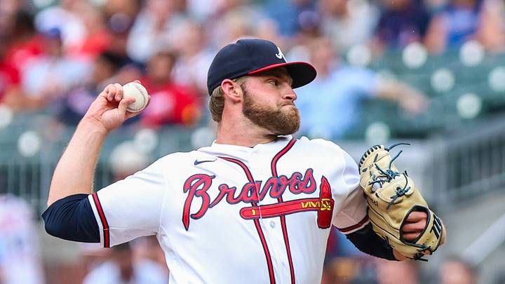 Aug 5, 2026; Cumberland, Georgia, USA; Atlanta Braves pitcher Bryce Elder (55) pitches the ball against the Miami Marlins during the first inning at Truist Park. Mandatory Credit: Jordan Godfree-Imagn Images