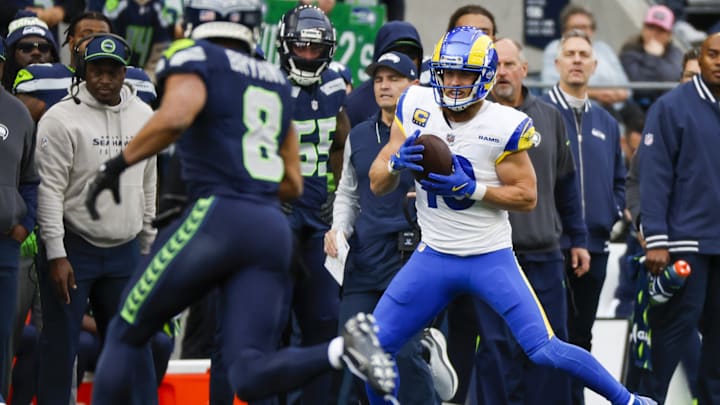 Nov 3, 2024; Seattle, Washington, USA; Los Angeles Rams wide receiver Cooper Kupp (10) catches a pass against the Seattle Seahawks during the second quarter at Lumen Field. 