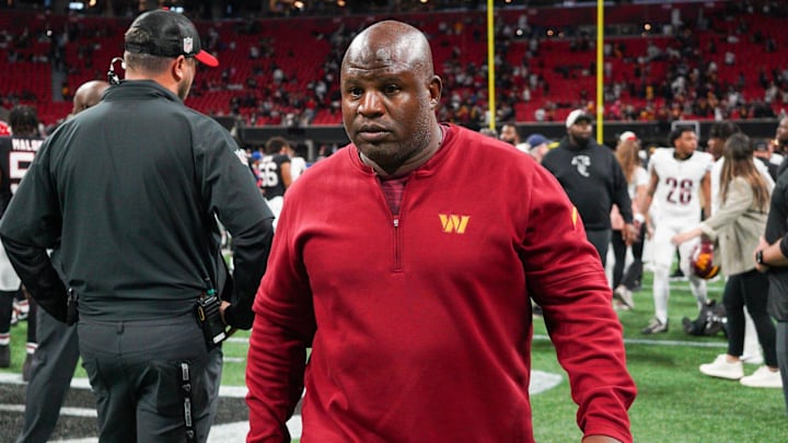 Oct 15, 2023; Atlanta, Georgia, USA; Washington Commanders offensive coordinator Eric Bieniemy after a game against the Atlanta Falcons at Mercedes-Benz Stadium. Mandatory Credit: Brett Davis-USA TODAY Sports