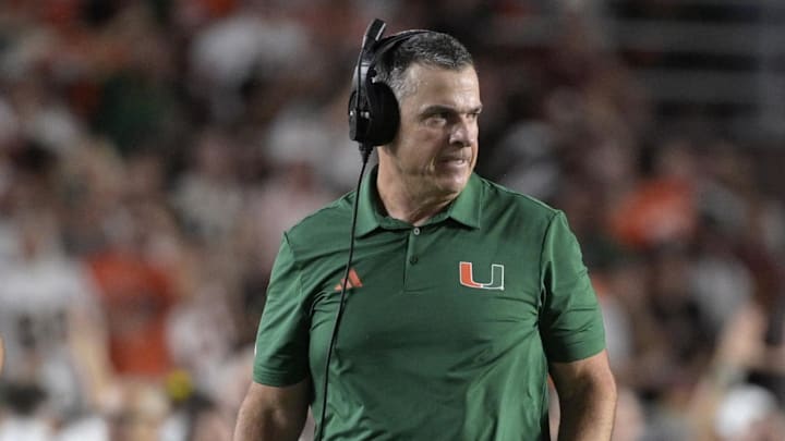 Oct 4, 2025; Tallahassee, Florida, USA; Miami Hurricanes head coach Mario Cristobal during the second half against the Florida State Seminoles at Doak S. Campbell Stadium. Mandatory Credit: Melina Myers-Imagn Images