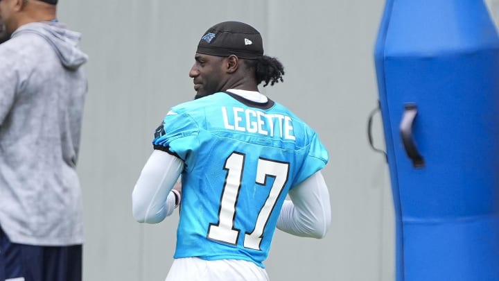 Jun 4, 2024; Charlotte, NC, USA; Carolina Panthers wide receiver Xavier Legette (17) throws  during OTAs. Mandatory Credit: Jim Dedmon-USA TODAY Sports