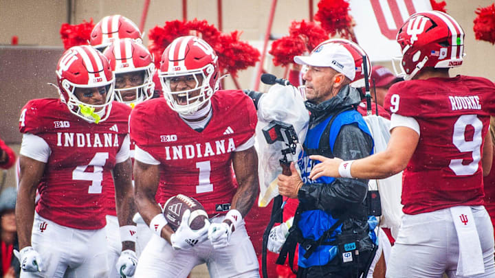 Indiana's Donaven McCulley (1) celebrates a touchdown during the Indiana versus Maryland football game at Memorial Stadium on Saturday, Sept. 28, 2024.