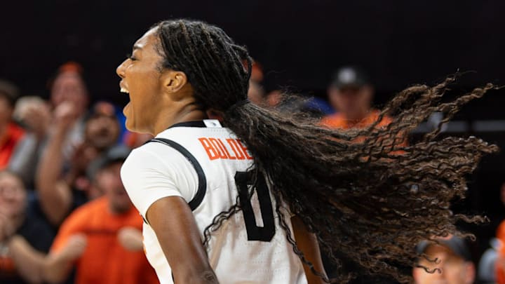 Oregon State's Tiara Bolden (0) celebrates making the shot and getting the foul during an NCAA basketball game at Gill Coliseum on Thursday, Jan. 9, 2025, in Corvallis, Ore.