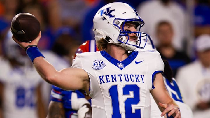 Kentucky Wildcats quarterback Brock Vandagriff (12) passes during the first half at Ben Hill Griffin Stadium in Gainesville, FL on Saturday, October 19, 2024 against the Kentucky Wildcats. [Doug Engle/Gainesville Sun]