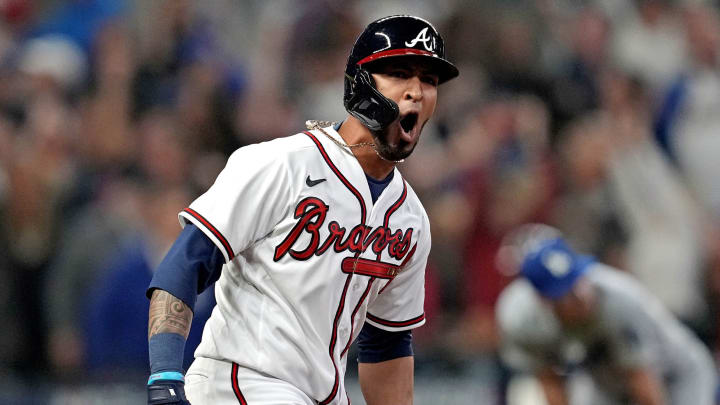 Atlanta Braves OF Eddie Rosario's iconic celebration after hitting a 3-run home run in Game 6 of the 2021 NLCS Atlanta Braves OF Eddie Rosario's iconic celebration after hitting a 3-run home run in Game 6 of the 2021 NLCS