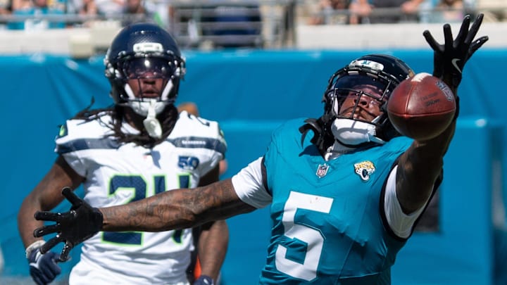 Jacksonville Jaguars wide receiver Dyami Brown (5) can’t get a hold of a pass during the first quarter in an NFL football game at EverBank Stadium, Sunday, Oct. 12, 2025, in Jacksonville, Fla. Jacksonville Jaguars wide receiver Dyami Brown (5) can’t get a hold of a pass during the first quarter in an NFL football game at EverBank Stadium, Sunday, Oct. 12, 2025, in Jacksonville, Fla.