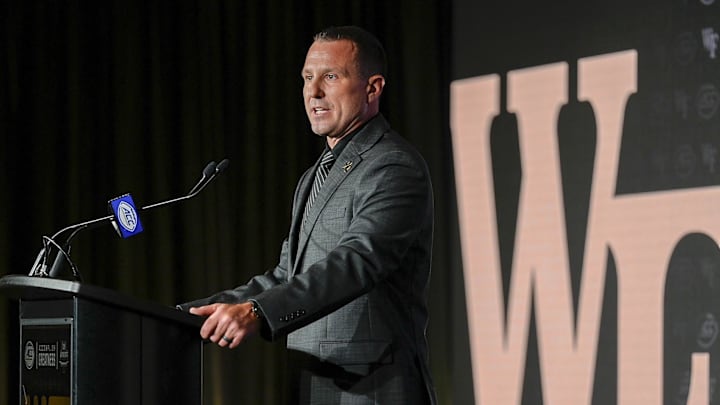 Jul 23, 2025; Charlotte, NC, USA; Wake Forest Head Coach Jake Dickert answers questions from the media during ACC Media days at Hilton Charlotte Uptown. Mandatory Credit: Jim Dedmon-Imagn Images Jul 23, 2025; Charlotte, NC, USA; Wake Forest Head Coach Jake Dickert answers questions from the media during ACC Media days at Hilton Charlotte Uptown. Mandatory Credit: Jim Dedmon-Imagn Images