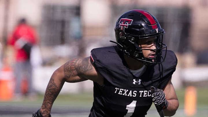 Texas Tech's A.J. McCarty does a drill at a spring football practice, Thursday, March 21, 2024, at Sports Performance Center.