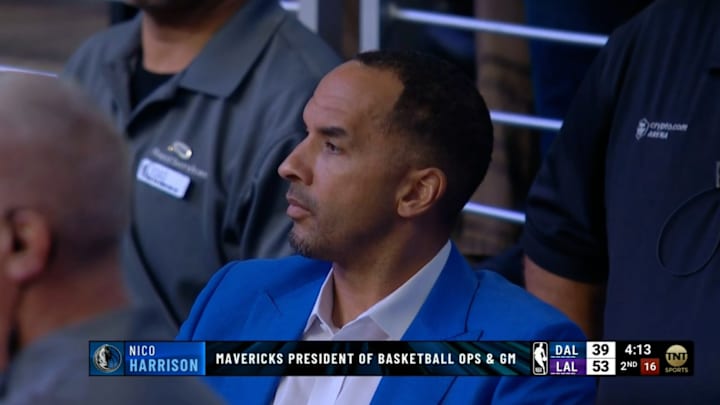 Nico Harrison takes in the action as the Dallas Mavericks play the Los Angeles Lakers. 