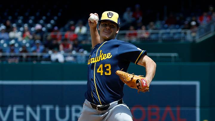 May 3, 2026; Washington, District of Columbia, USA; Milwaukee Brewers starting pitcher Logan Henderson (43) pitches against the Washington Nationals during the first inning at Nationals Park. Mandatory Credit: Geoff Burke-Imagn Images