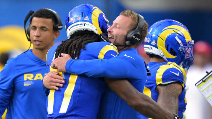 Sep 28, 2025; Inglewood, California, USA; Los Angeles Rams wide receiver Davante Adams (17) is hugged by head coach Sean McVay as time runs out against the Indianapolis Colts at SoFi Stadium. Mandatory Credit: Jayne Kamin-Oncea-Imagn Images Sep 28, 2025; Inglewood, California, USA; Los Angeles Rams wide receiver Davante Adams (17) is hugged by head coach Sean McVay as time runs out against the Indianapolis Colts at SoFi Stadium. Mandatory Credit: Jayne Kamin-Oncea-Imagn Images