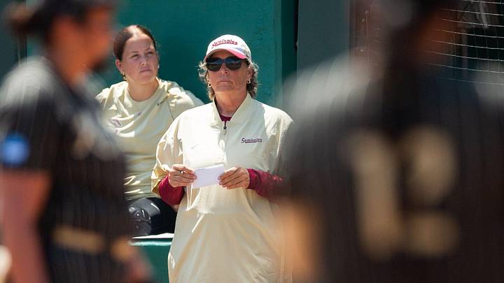 Florida State Seminoles head coach Lonni Alameda watches from the dugout. The Florida State Seminoles defeated the UCF Knights 2-1 on Sunday, May 17, 2026. The teams must play one more game to determine the NCAA Tallahassee regional winner.