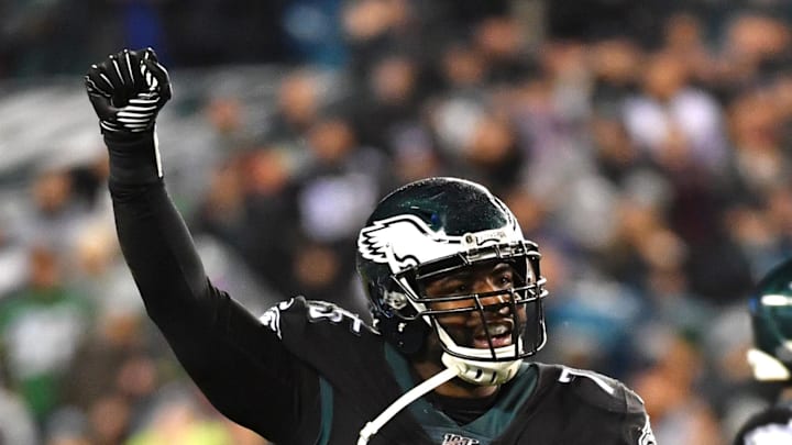Philadelphia Eagles defensive end Vinny Curry (75) reacts after making a pal against the New York Giants at Lincoln Financial Field. 