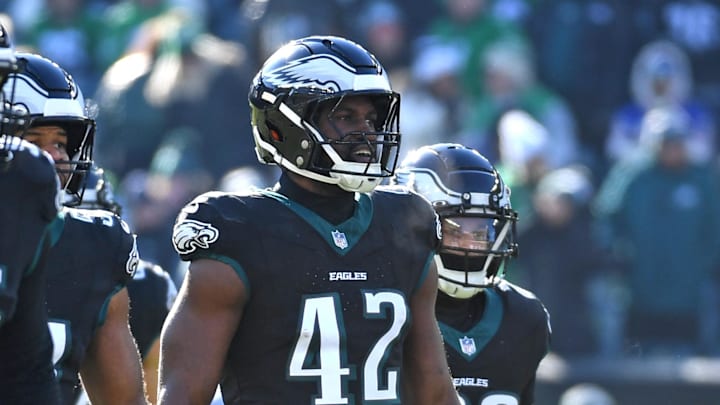 Jan 5, 2025; Philadelphia, Pennsylvania, USA; Philadelphia Eagles linebacker Oren Burks (42) against the New York Giants at Lincoln Financial Field. Jan 5, 2025; Philadelphia, Pennsylvania, USA; Philadelphia Eagles linebacker Oren Burks (42) against the New York Giants at Lincoln Financial Field.
