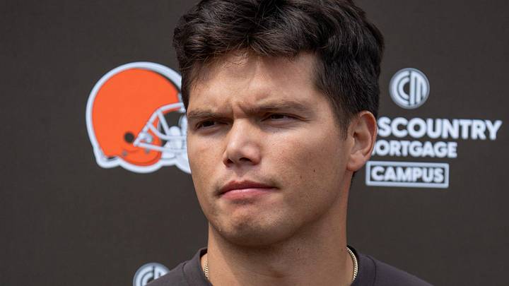 Dillon Gabriel answers media questions at the end of the Browns mini camp in Berea on April 21, 2026.
