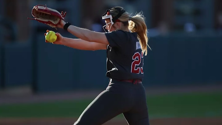 Alabama Softball Player Jocelyn Briski (23) pitches the ball against Texas A&M at Davis Dimond in Tuscaloosa, AL on Friday, Mar 21, 2025.