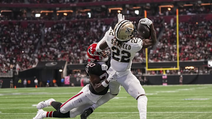 Sep 29, 2024; Atlanta, Georgia, USA; Atlanta Falcons cornerback Dee Alford (20) breaks up a pass in the end zone against New Orleans Saints wide receiver Rashid Shaheed (22) during the second half at Mercedes-Benz Stadium. Sep 29, 2024; Atlanta, Georgia, USA; Atlanta Falcons cornerback Dee Alford (20) breaks up a pass in the end zone against New Orleans Saints wide receiver Rashid Shaheed (22) during the second half at Mercedes-Benz Stadium.