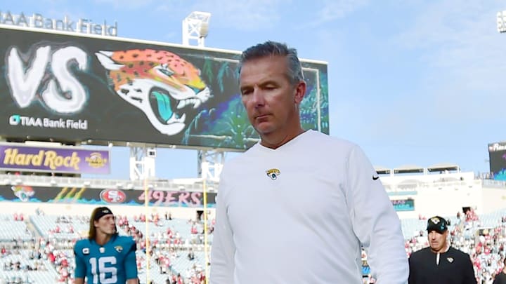 Jacksonville Jaguars head coach Urban Meyer and quarterback Trevor Lawrence (16) walks off the field after Sunday's loss to the 49ers. The Jacksonville Jaguars hosted the San Francisco 49ers Friday, November 21, 2021, at TIAA Bank Field in Jacksonville, Florida. The Jaguars went into the half trailing 20 to 3 and lost with a final score of 30 to 10.

Jki 112121 Bsjagsvs49ers 10