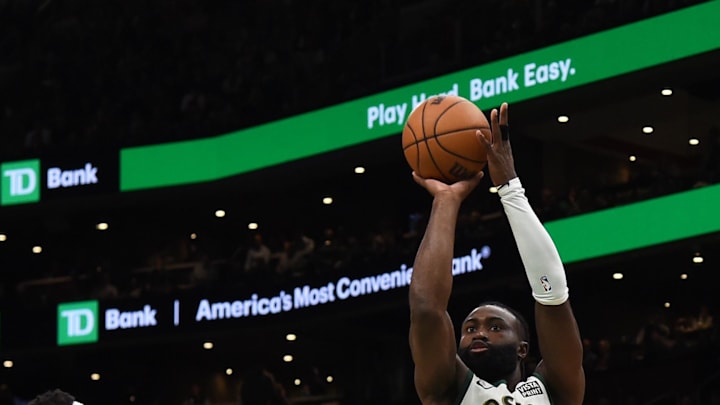Mar 14, 2024; Boston, Massachusetts, USA;  Boston Celtics guard Jaylen Brown (7) shoots the ball