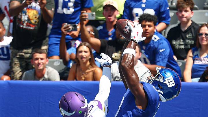 Aug 15, 2026; East Rutherford, New Jersey, USA; New York Giants wide receiver Malachi Fields (0) catches a touchdown pass as Minnesota Vikings linebacker Ivan Pace Jr. (0) defends during the first half at MetLife Stadium. Aug 15, 2026; East Rutherford, New Jersey, USA; New York Giants wide receiver Malachi Fields (0) catches a touchdown pass as Minnesota Vikings linebacker Ivan Pace Jr. (0) defends during the first half at MetLife Stadium.