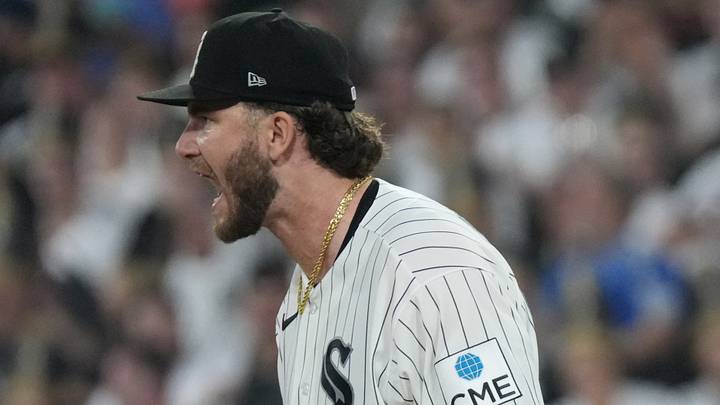 Aug 11, 2026; Chicago, Illinois, USA; Chicago White Sox pitcher Sean Burke (59) reacts after getting the final out against the Cincinnati Reds during the sixth inning at Rate Field. Mandatory Credit: David Banks-Imagn Images