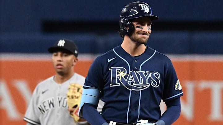 Aug 26, 2023; St. Petersburg, Florida, USA; Tampa Bay Rays right fielder Josh Lowe (15) celebrates