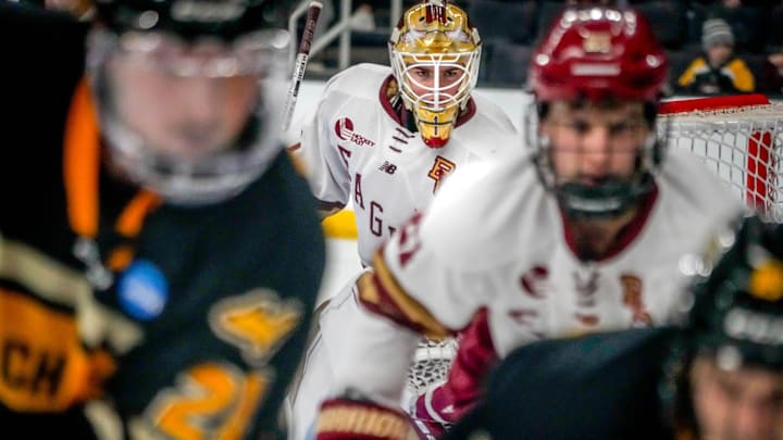 BC goalie Jacob Fowler, middle, in the closing seconds of Friday's NCAA Tournament game against Michigan Tech at the Amica Mutual Pavilion. 3/39/24