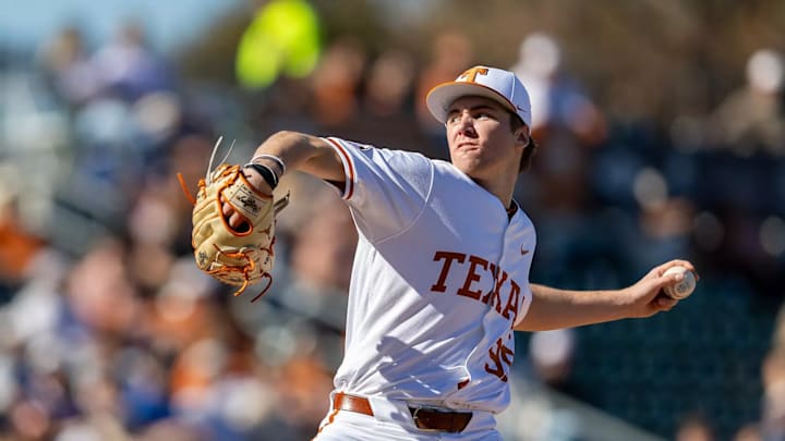 Texas sophomore pitcher Dylan Volantis tosses a pitch at UFCU Disch-Falk Field in Austin, Texas. Texas sophomore pitcher Dylan Volantis tosses a pitch at UFCU Disch-Falk Field in Austin, Texas.