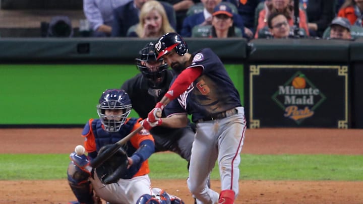 Oct 30, 2019; Houston, TX, USA; Washington Nationals third baseman Anthony Rendon (6) hits a solo home run against the Houston Astros during the seventh inning in game seven of the 2019 World Series at Minute Maid Park. Mandatory Credit: Erik Williams-Imagn Images Oct 30, 2019; Houston, TX, USA; Washington Nationals third baseman Anthony Rendon (6) hits a solo home run against the Houston Astros during the seventh inning in game seven of the 2019 World Series at Minute Maid Park. Mandatory Credit: Erik Williams-Imagn Images