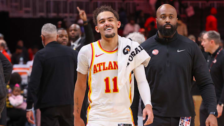 Atlanta Hawks guard Trae Young reacts after a victory against the Philadelphia 76ers at State Farm Arena.