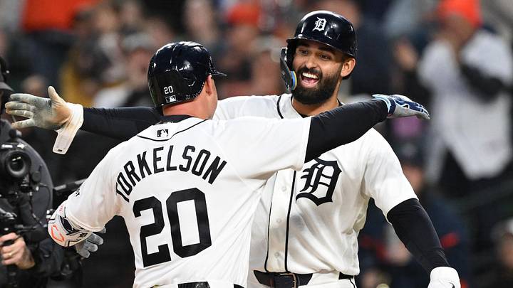 May 3, 2026; Detroit, Michigan, USA;  Detroit Tigers first baseman Spencer Torkelson (20) celebrates at home plate with teammate Riley Greene (31) after hitting a two-run home run against the Texas Rangers in the fifth inning at Comerica Park. Mandatory Credit: Lon Horwedel-Imagn Images