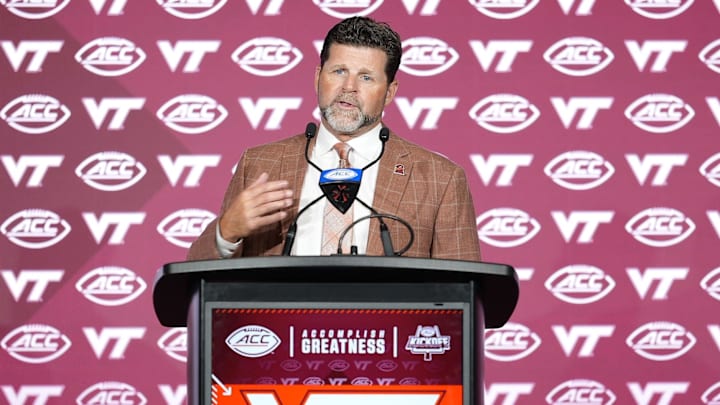 Jul 24, 2025; Charlotte, NC, USA;  Virginia Tech head coach Brent Pry answers questions from the media during ACC Media Days at Hilton Charlotte Uptown. Mandatory Credit: Jim Dedmon-Imagn Images