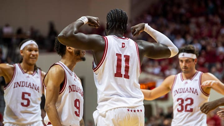 Indiana's Oumar Ballo (11) flexes after a basket and foul during the Indiana versus Minnesota men's basketball game at Simon Skjodt Assembly Hall on Monday, Dec. 9, 2024.