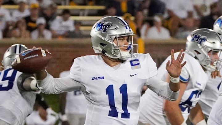 Sep 9, 2023; Columbia, Missouri, USA; Middle Tennessee Blue Raiders quarterback Nicholas Vattiato