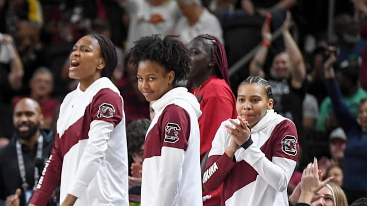 The South Carolina Gamecocks bench celebrates Saturday, March 7, 2026, during the SEC Women's Basketball Tournament semifinals game against the Louisiana State Tigers at Bon Secours Wellness Arena in Greenville, South Carolina.
