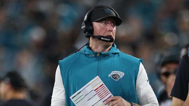 Oct 6, 2025; Jacksonville, Florida, USA; Jacksonville Jaguars head coach Liam Coen during the second half against the Kansas City Chiefs at EverBank Stadium. Mandatory Credit: Nathan Ray Seebeck-Imagn Images
