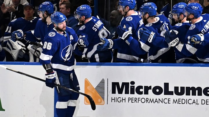 Dec 21, 2023; Tampa, Florida, USA; Tampa Bay Lightning right wing Nikita Kucherov (86) celebrates a