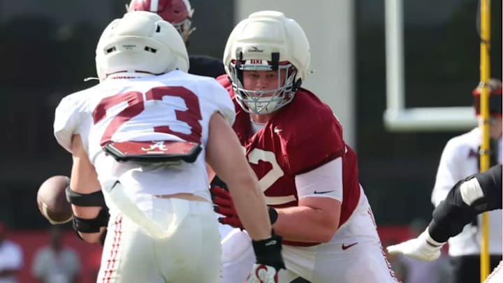 Alabama Offensive Lineman Mal Waldrep Jr. (52) in action during the Scrimmage at Thomas-Drew Practice Fields in Tuscaloosa, AL on Friday, Mar 27, 2026.