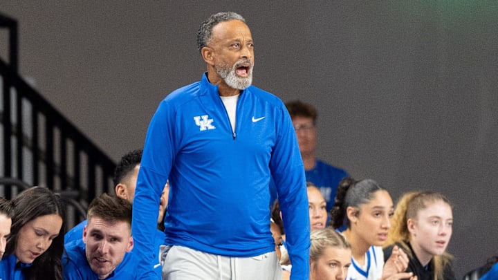Kentucky Wildcats head coach Kenny Brooks shouts to his players during their game against the Louisville Cardinals on Saturday, Nov. 16, 2024 at Memorial Coliseum in Lexington, Ky.