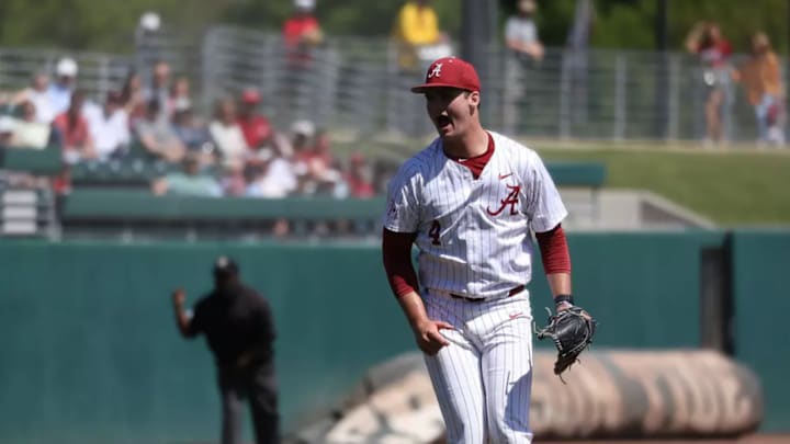 Alabama Baseball Player Riley Quick (4) celebrates at Sewell-Thomas Stadium in Tuscaloosa, AL on Saturday, Apr 12, 2025. Alabama Baseball Player Riley Quick (4) celebrates at Sewell-Thomas Stadium in Tuscaloosa, AL on Saturday, Apr 12, 2025.